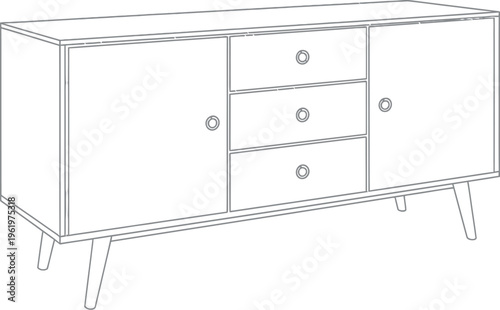 Outline drawing of a stylish mid-century modern sideboard or credenza featuring two spacious cupboard doors and three central drawers on elegant tapered legs, perfect for contemporary home interiors.