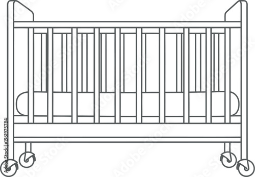 Simple line art illustration of a baby crib or cot with wheels, featuring a minimalist black outline design on a clean white background, perfect for nursery concepts or infant care visuals.