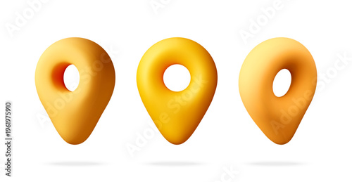Set of 3D yellow location pins. Map marker icons for navigation, travel GPS and digital interface design. Creative minimalist geolocation symbol isolated on white background. Vector illustration