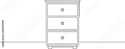 Continuous line drawing of a three-drawer wooden dresser or nightstand, a piece of bedroom furniture with storage, isolated on a white background for design and decor projects.