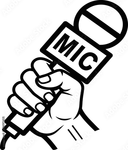 A hand holding a microphone with the letters mic on it