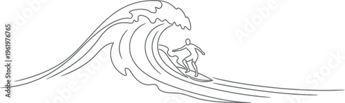 Minimalist continuous line art drawing of a single silhouette surfer riding a big ocean wave on a surfboard, capturing the dynamic energy and motion of extreme watersports.