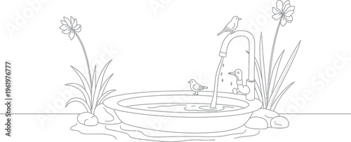 Line art illustration of a charming outdoor bird bath with fresh water flowing from a tap, attracting two adorable small birds, surrounded by simple flowers and foliage.