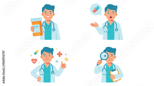 Professional Clinical Doctor character illustrations demonstrating various Healthcare and Medical tasks with modern digital concepts