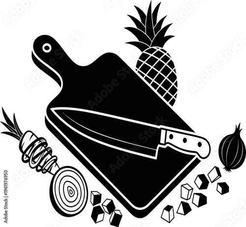 Cutting board with knife and fresh fruits and vegetables