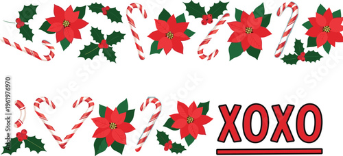 Christmas vector set featuring red poinsettia flowers green holly leaves red berries striped candy canes and XOXO text on a white background for holiday designs.