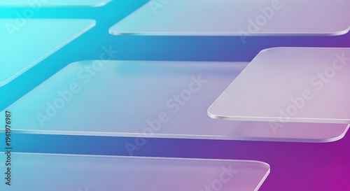 Glassmorphism abstract background with translucent floating panels, gradient blending cyan, purple, and pink hues