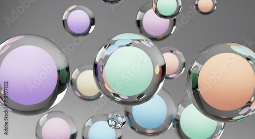 Floating transparent glass spheres with pastel gradient lighting