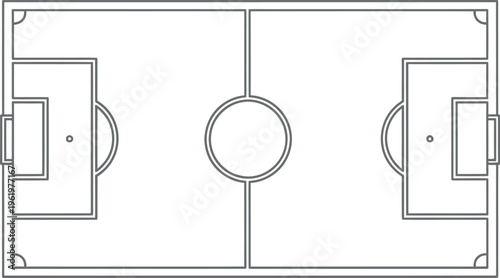 This simple black and white line art vector illustration depicts an empty soccer football field with all its markings from a top-down perspective, perfect for sports graphic design and web elements.