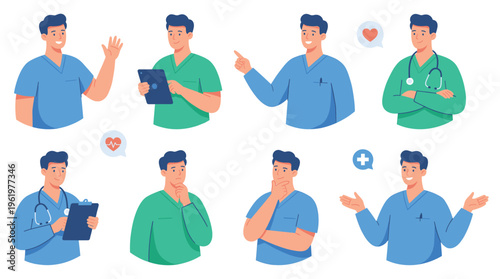 Diverse male doctor healthcare professionals set showcasing medical expertise and clinical service. A collection of essential medical staff