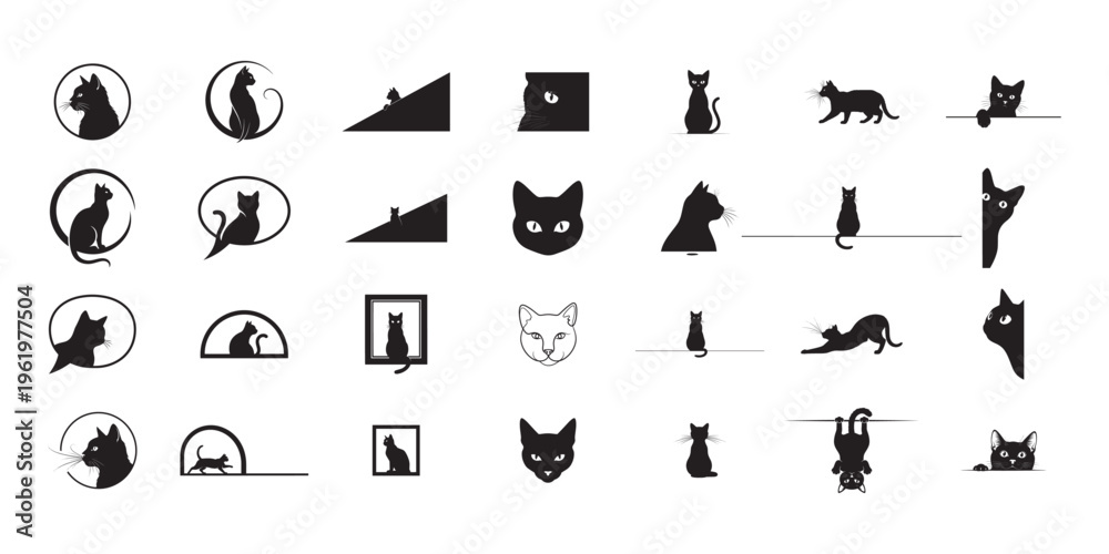 Fototapeta premium Cute Cat Icons Collection-Black Silhouette Kitty Poses and Pet Vector Set