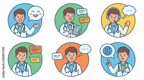 Modern medical professional icons showcasing doctor healthcare communication, patient consultation, and clinical advice
