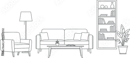 Clean line art illustration of a cozy modern living room interior with a sofa, armchair, coffee table, floor lamp, and bookcase showcasing contemporary home furniture design in a comfortable setting.
