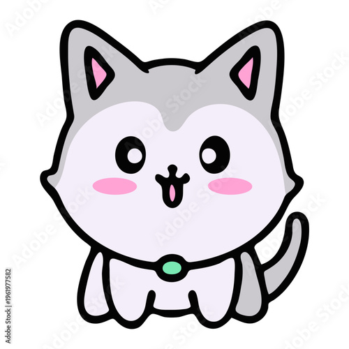 A cute cartoon cat with a green collar and pink ears and cheeks