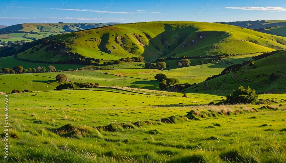Obraz premium Rolling green hills under clear blue sky with pastoral landscape and summer sunlight