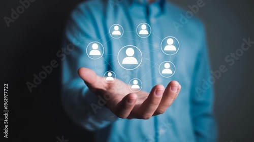 Hand presenting social media network hologram connected user icons 4K 