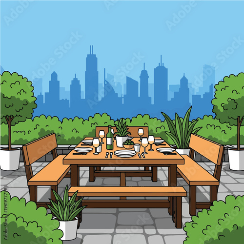 Outdoor Dining Table with Benches and Plants.