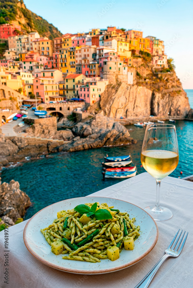 Naklejka premium Pasta and wine with a picturesque Italian coastal village backdrop