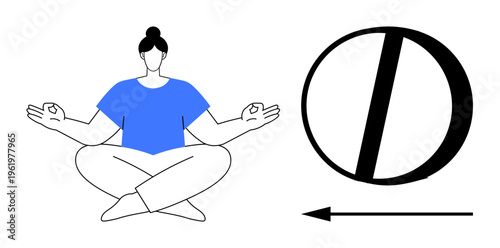 Meditation. A serene illustration of a woman in a meditative lotus position alongside abstract geometry. Meditation practices foster mindfulness, relaxation, and focus. Perfect for wellness