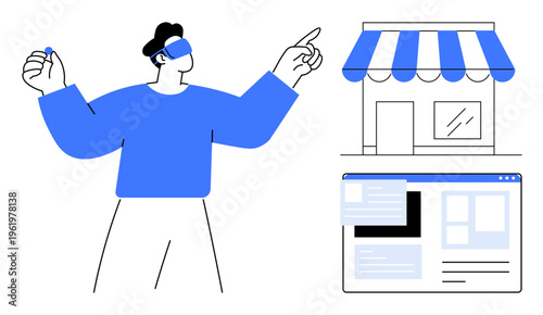 E-commerce trends, virtual retailing, tech advancements, augmented shopping, digital stores, innovation. A person in VR headset interacts with an online store and storefront. E-commerce and virtual