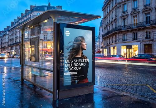 Billboard Bus Shelter In Paris City at Night Mockup