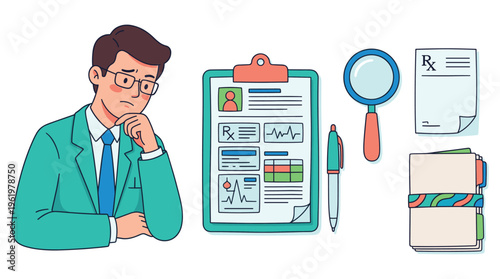 Thoughtful doctor examines patient records, magnifying details for comprehensive medical analysis and clinical insights