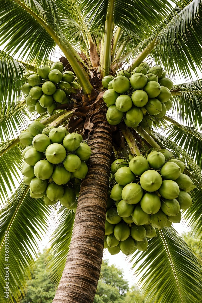 Fototapeta premium Low-angle view looking up at a coconut palm tree trunk with multiple clusters of green coconuts and long fronds against a bright sky.