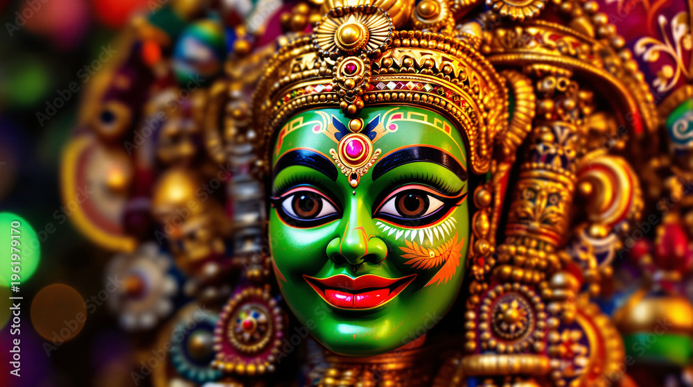 Fototapeta premium Vibrant Kathakali Dancer Face with Traditional Green Makeup and Ornate Golden Headgear Close-up Heritage Illustration