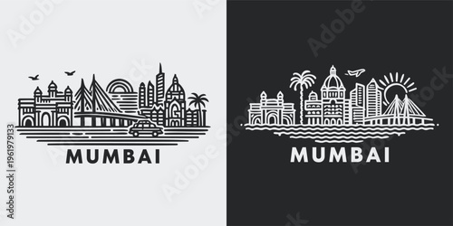 Mumbai City Skyline Line Art Illustration Vector