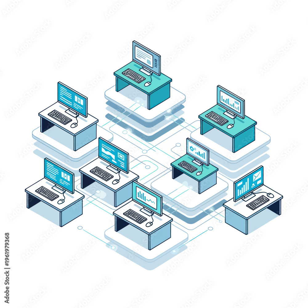 Fototapeta premium Isometric illustration of a network of computers connected in a digital environment.