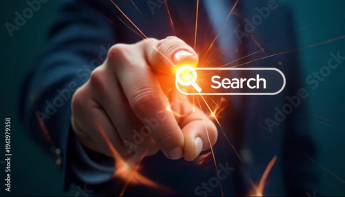 Hand pressing a glowing search icon with sparkling trails 