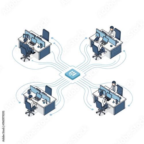 Wallpaper Mural Isometric illustration of a team of office workers connected by a central hub. Torontodigital.ca