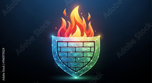 Digital Firewall Shield with Flames - Cybersecurity and Protection Concept.