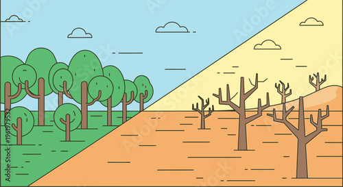 Climate Change Contrast Illustration Green Forest vs Deforestation Dry Land Environmental Concept