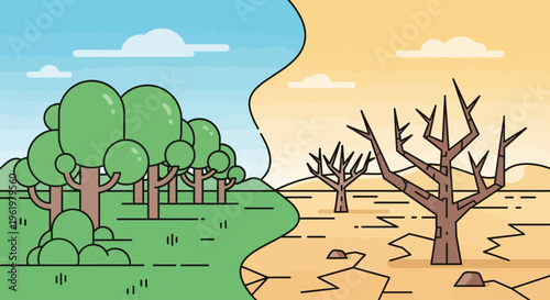Green forest vs dry desert climate change concept illustration for Earth Day environmental awareness