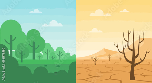 Green forest and dry desert contrast illustrates climate change impact for Earth Day concept
