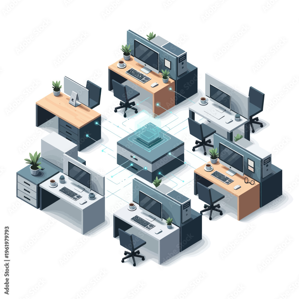 Fototapeta premium Isometric Office Workspaces Connected to a Central Server.