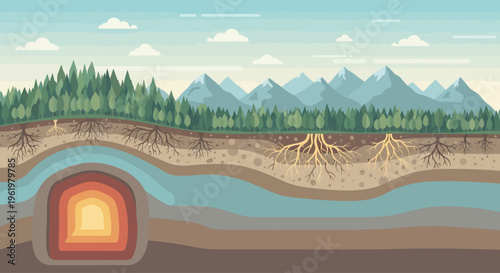 Exploring Earth's Hidden Depths A Vibrant Cross-Section Illustration of Forest Ecosystems, Geological Layers, and Underground Mysteries, Ideal for Earth Day Awareness and Environmental Education