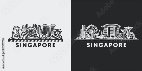 Singapore City Landmark Skyline Linocut Logo Design