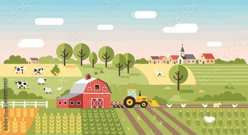 Vibrant flat design farm illustration perfect for Earth Day, showcasing sustainable agriculture, a red barn, tractor, animals, fields, and a serene village