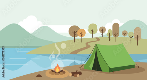 A serene Earth Day retreat Enjoying the beauty of nature with a peaceful lakeside camping setup, complete with a warm campfire and vibrant natural scenery
