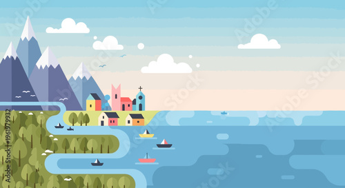 Celebrate Earth Day with this vibrant illustration of a serene coastal village nestled between majestic mountains and a lush forest, highlighting the planet's natural splendor