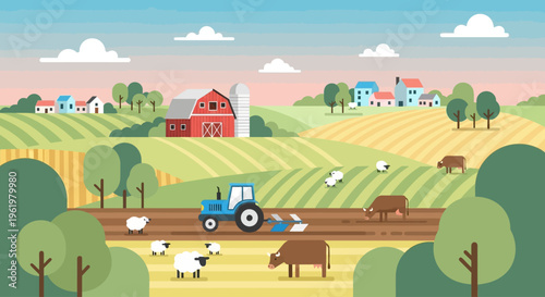 Celebrating sustainable farming practices in a vibrant rural landscape, a tractor works the fields while livestock graze, embodying the spirit of Earth Day for a healthy planet