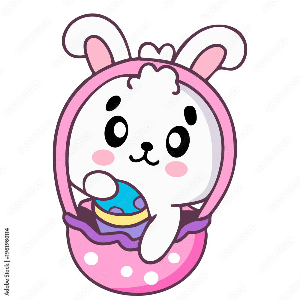 Obraz premium A cute cartoon bunny peeking out of a pink Easter egg with a colorful candy in its hand
