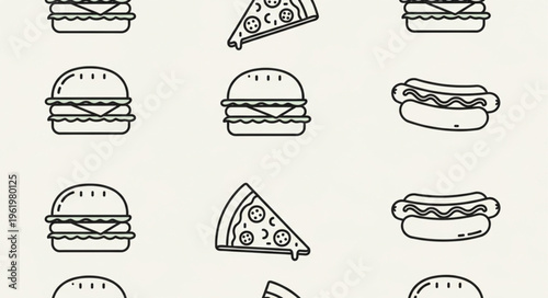 Fast Food Pattern - Burgers, Pizza, and Hot Dogs in Black and White.