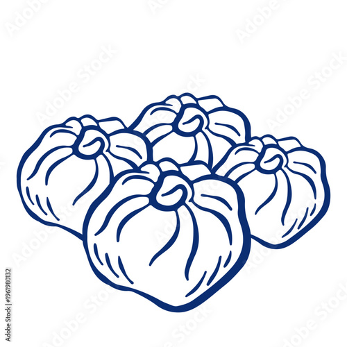 Four hand drawn traditional asian manti dumplings. Central Asian cuisine. Isolated blue vector line art illustration