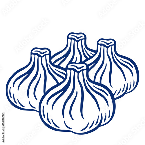 Four hand drawn traditional Georgian khinkali dumplings. Caucasian cuisine. Isolated blue vector line art illustration