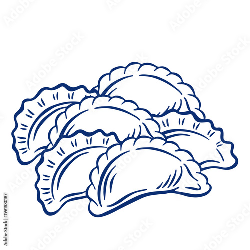 Pile of hand drawn traditional vareniki . Eastern European food. Isolated blue vector line art illustration on white