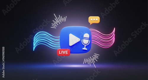 Vibrant 3D Live Streaming Icon with Microphone and Chat Bubble.