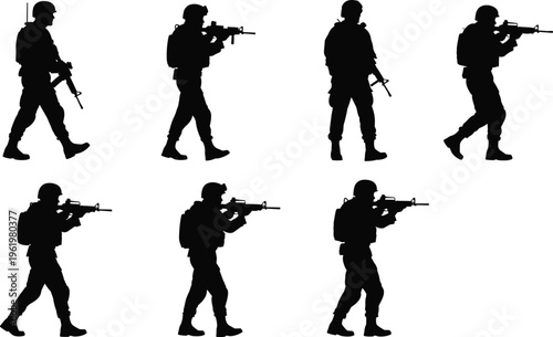 Black silhouette vector illustration of soldiers with rifles in tactical combat poses, symbolizing military training, armed forces, and battlefield readiness